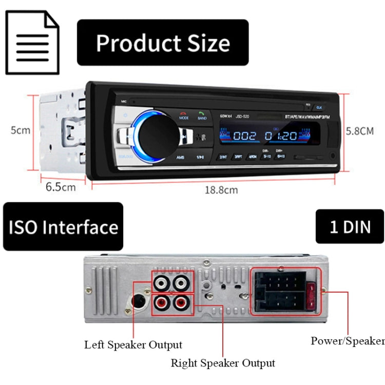 JSD-520 Car Stereo Radio MP3 Audio Player Support Bluetooth Hand-free Calling / FM / USB / SD, EU Plug Version - Car MP3 & MP4 & MP5 by buy2fix | Online Shopping UK | buy2fix