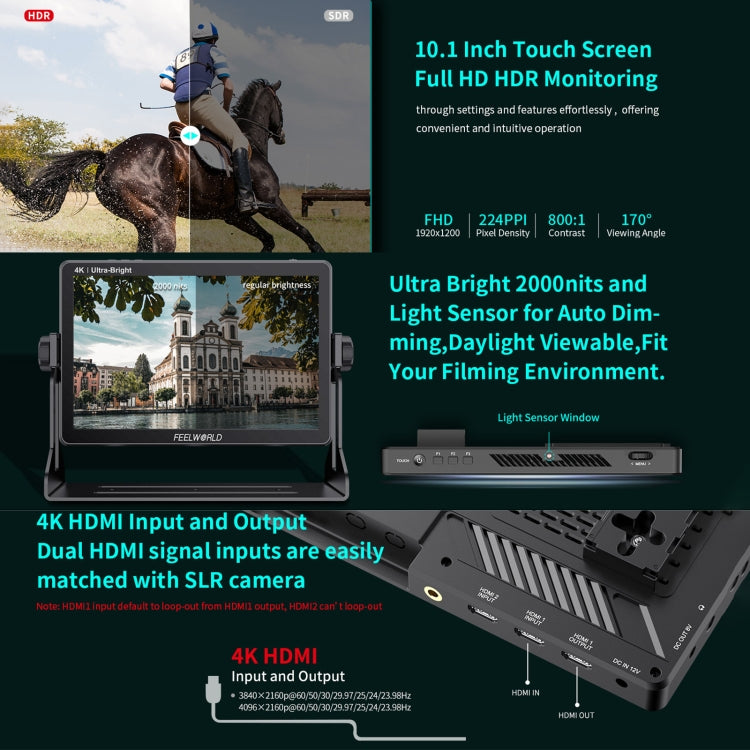 FEELWORLD LUT11H 10.1 Inch Ultra Bright 2000nit DSLR Camera Field Monitor Touch Screen 4K HDMI F970 External Power and Install Kit (EU Plug) - On-camera Monitors by FEELWORLD | Online Shopping UK | buy2fix