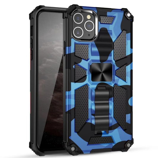 For iPhone 12 / 12 Pro Camouflage Armor Shockproof TPU + PC Magnetic Protective Case with Holder(Dark Blue) - iPhone 12 / 12 Pro Cases by buy2fix | Online Shopping UK | buy2fix