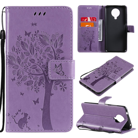 For Nokia G20 Tree & Cat Pattern Pressed Printing Horizontal Flip PU Leather Case with Holder & Card Slots & Wallet & Lanyard(Lavender) - Nokia Cases by buy2fix | Online Shopping UK | buy2fix