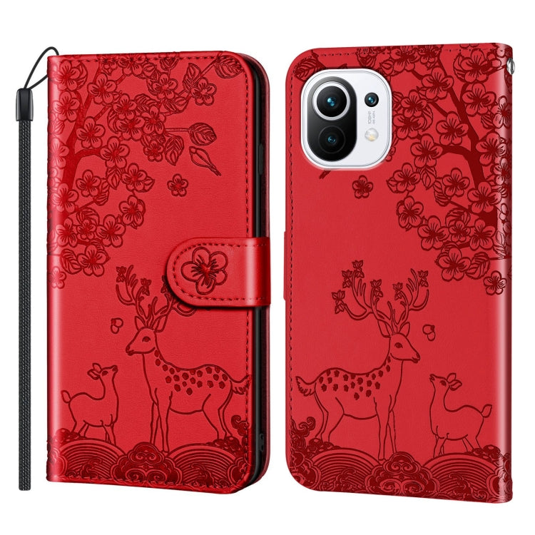 For Xiaomi Mi 11 Lite Sika Deer Embossing Pattern Horizontal Flip PU Leather Case with Holder & Card Slot & Wallet & Photo Frame(Red) - Xiaomi Cases by buy2fix | Online Shopping UK | buy2fix