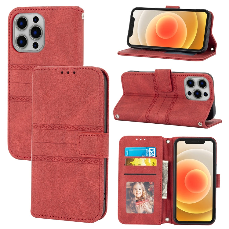 For iPhone 13 Pro Embossed Striped Magnetic Buckle PU + TPU Horizontal Flip Leather Case with Holder & Card Slot & Wallet & Photo Frame & Sling (Red) - iPhone 13 Pro Cases by buy2fix | Online Shopping UK | buy2fix