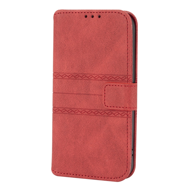 For iPhone 13 Pro Embossed Striped Magnetic Buckle PU + TPU Horizontal Flip Leather Case with Holder & Card Slot & Wallet & Photo Frame & Sling (Red) - iPhone 13 Pro Cases by buy2fix | Online Shopping UK | buy2fix