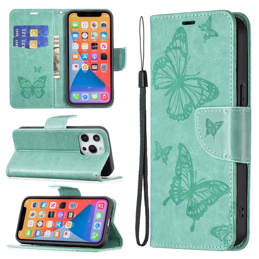 For iPhone 13 Pro Max Embossing Two Butterflies Pattern Horizontal Flip PU Leather Case with Holder & Card Slot & Wallet & Lanyard (Green) - iPhone 13 Pro Max Cases by buy2fix | Online Shopping UK | buy2fix