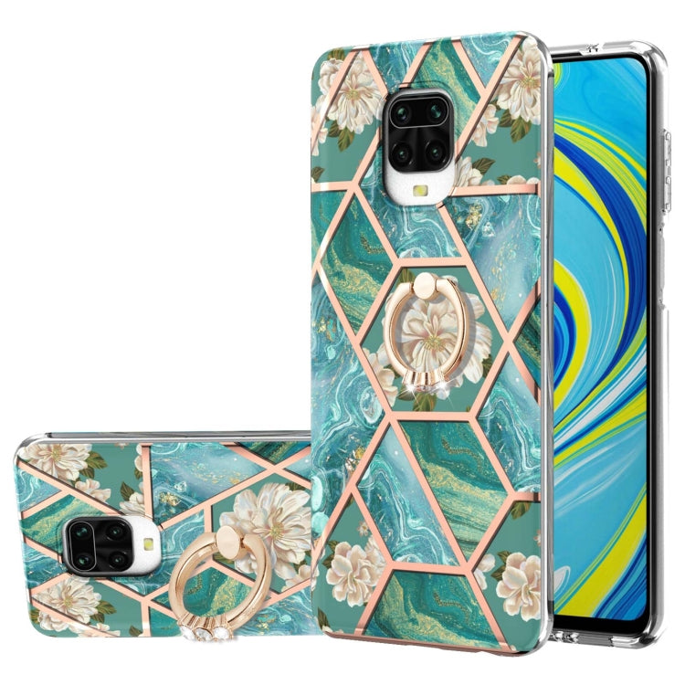 or Xiaomi Redmi Note 9S / Redmi Note 9 Pro / Redmi Note 9 Pro Max Electroplating Splicing Marble Flower Pattern TPU Shockproof Case with Rhinestone Ring Holder(Blue Flower) - Xiaomi Cases by buy2fix | Online Shopping UK | buy2fix