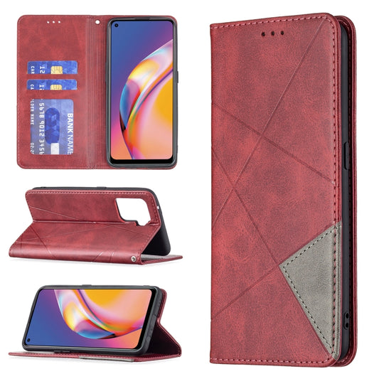 For OPPO A94 4G / Reno 5F / F19 Pro Rhombus Texture Horizontal Flip Magnetic Leather Case with Holder & Card Slots(Red) - OPPO Cases by buy2fix | Online Shopping UK | buy2fix