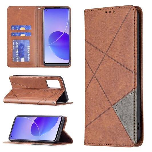 For OPPO Reno6 Rhombus Texture Horizontal Flip Magnetic Leather Case with Holder & Card Slots(Brown) - OPPO Cases by buy2fix | Online Shopping UK | buy2fix