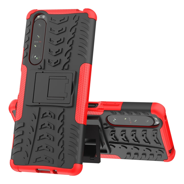 For Sony Xperia 1 III Tire Texture Shockproof TPU+PC Protective Case with Holder(Red) - Sony Cases by buy2fix | Online Shopping UK | buy2fix