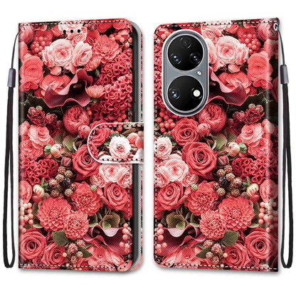 For Huawei P50 Coloured Drawing Cross Texture Horizontal Flip PU Leather Case with Holder & Card Slots & Wallet & Lanyard(Pink Rose Garden) - Huawei Cases by buy2fix | Online Shopping UK | buy2fix