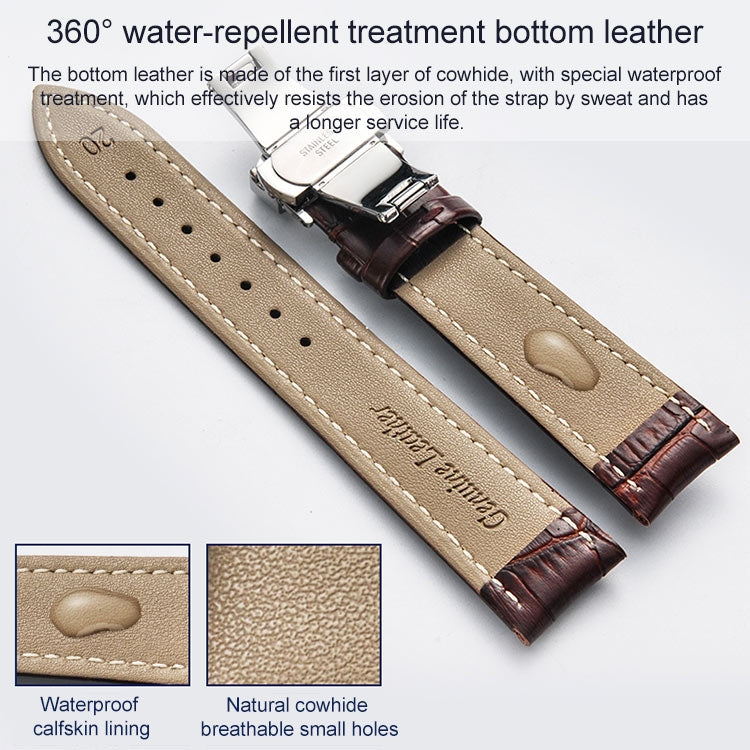 16mm Classic Cowhide Leather Gold Butterfly Buckle Watch Band(Black) - Watch Bands by buy2fix | Online Shopping UK | buy2fix