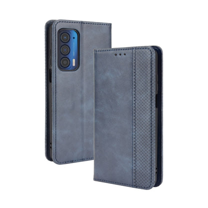 For Motorola Edge 2021 Magnetic Buckle Retro Pattern Horizontal Flip Leather Case with Holder & Card Slot & Wallet(Blue) - Motorola Cases by buy2fix | Online Shopping UK | buy2fix