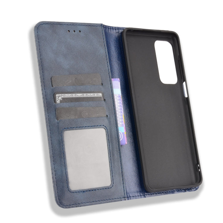 For Motorola Edge 2021 Magnetic Buckle Retro Pattern Horizontal Flip Leather Case with Holder & Card Slot & Wallet(Blue) - Motorola Cases by buy2fix | Online Shopping UK | buy2fix