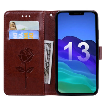 For iPhone 13 Rose Embossed Horizontal Flip PU Leather Case with Holder & Card Slots & Wallet(Brown) - iPhone 13 Cases by buy2fix | Online Shopping UK | buy2fix