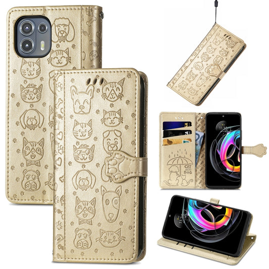 For Motorola Moto Edge 20 Lite Lovely Cat and Dog Embossing Pattern Horizontal Flip Leather Case , with Holder & Card Slots & Wallet & Cartoon Clasp & Lanyard(Gold) - Motorola Cases by buy2fix | Online Shopping UK | buy2fix