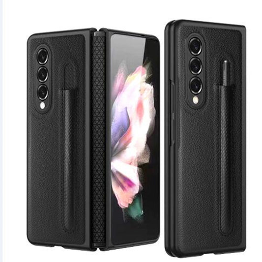 For Samsung Galaxy Z Fold3 5G Litchi Texture Hinge Protection Folding Phone Case with Pen Cover(Black) - Galaxy Phone Cases by buy2fix | Online Shopping UK | buy2fix