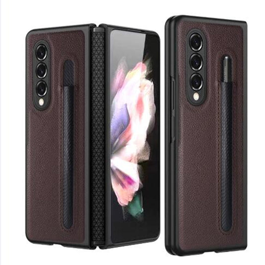 For Samsung Galaxy Z Fold3 5G Litchi Texture Hinge Protection Folding Phone Case with Pen Cover(Brown) - Galaxy Phone Cases by buy2fix | Online Shopping UK | buy2fix