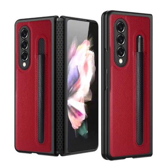 For Samsung Galaxy Z Fold3 5G Litchi Texture Hinge Protection Folding Phone Case with Pen Cover(Red) - Galaxy Phone Cases by buy2fix | Online Shopping UK | buy2fix