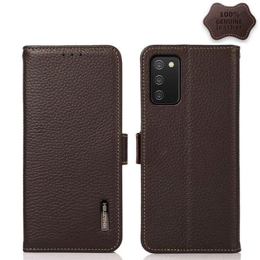 For Samsung Galaxy A02s Global Version KHAZNEH Side-Magnetic Litchi Genuine Leather RFID Phone Case(Brown) - Galaxy Phone Cases by buy2fix | Online Shopping UK | buy2fix