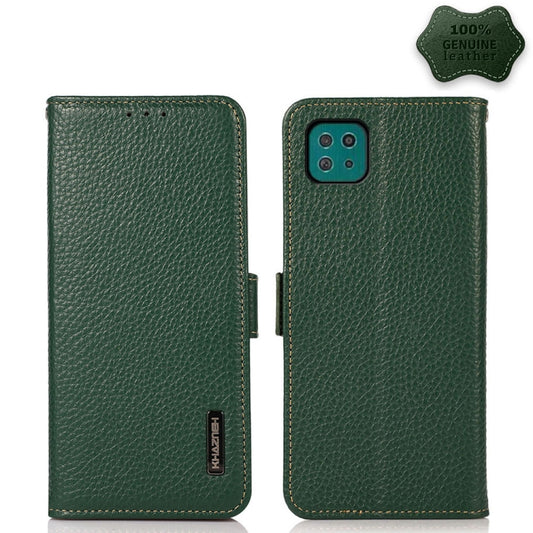 For Samsung Galaxy A22 5G KHAZNEH Side-Magnetic Litchi Genuine Leather RFID Phone Case(Green) - Galaxy Phone Cases by buy2fix | Online Shopping UK | buy2fix