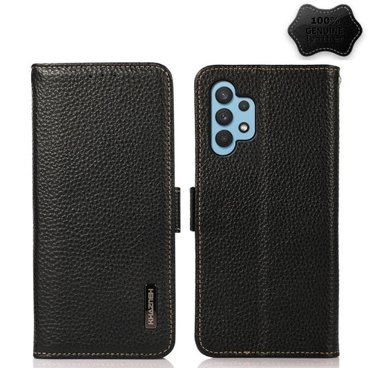 For Samsung Galaxy A32 4G KHAZNEH Side-Magnetic Litchi Genuine Leather RFID Phone Case(Black) - Galaxy Phone Cases by buy2fix | Online Shopping UK | buy2fix