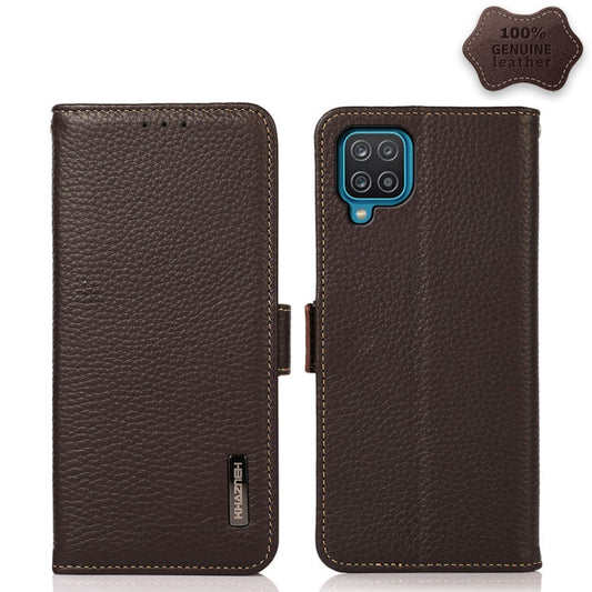 For Samsung Galaxy A42 5G KHAZNEH Side-Magnetic Litchi Genuine Leather RFID Phone Case(Brown) - Galaxy Phone Cases by buy2fix | Online Shopping UK | buy2fix