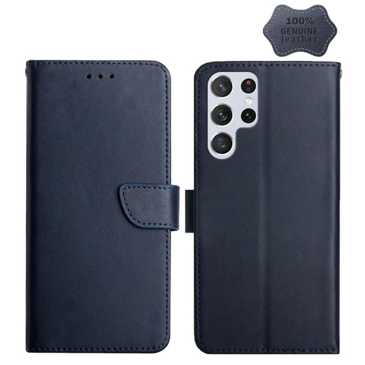 For Samsung Galaxy S22 Ultra 5G Genuine Leather Fingerprint-proof Horizontal Flip Phone Case(Blue) - Galaxy S22 Ultra 5G Cases by buy2fix | Online Shopping UK | buy2fix