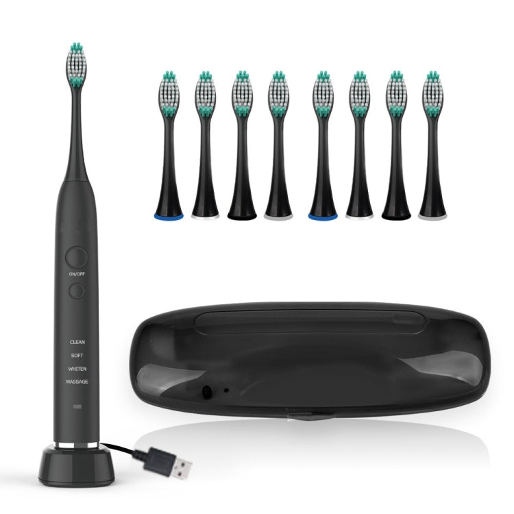 USB Charging Adults Electric Sonic Toothbrush with 8 Brush Heads(Black) - Toothbrushes by buy2fix | Online Shopping UK | buy2fix