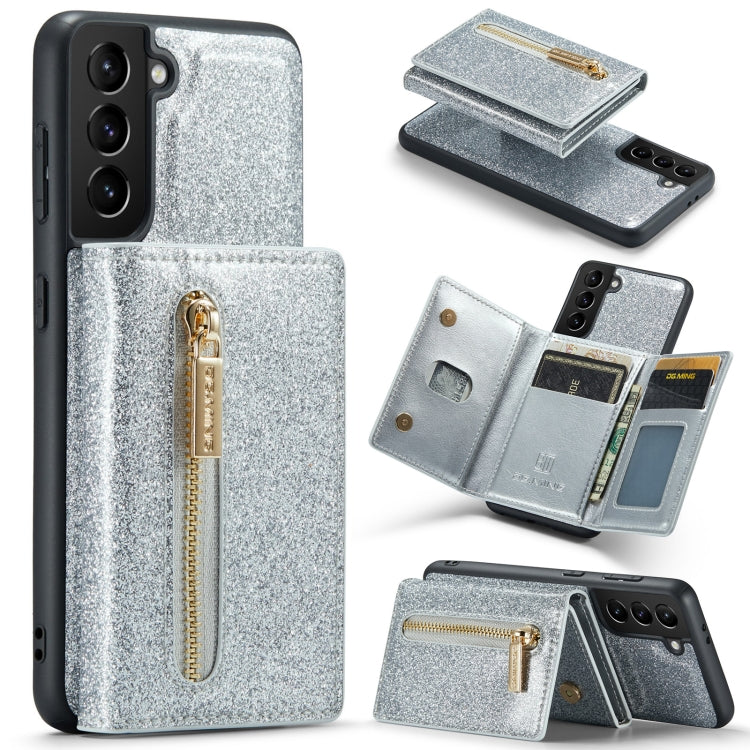 For Samsung Galaxy S21 5G DG.MING M3 Series Glitter Powder Card Bag Leather Case(Silver) - Galaxy Phone Cases by DG.MING | Online Shopping UK | buy2fix