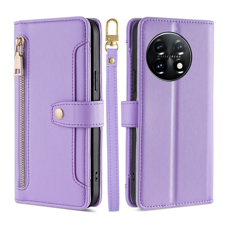 For OnePlus 11 Sheep Texture Cross-body Zipper Wallet Leather Phone Case(Purple) - OnePlus Cases by buy2fix | Online Shopping UK | buy2fix