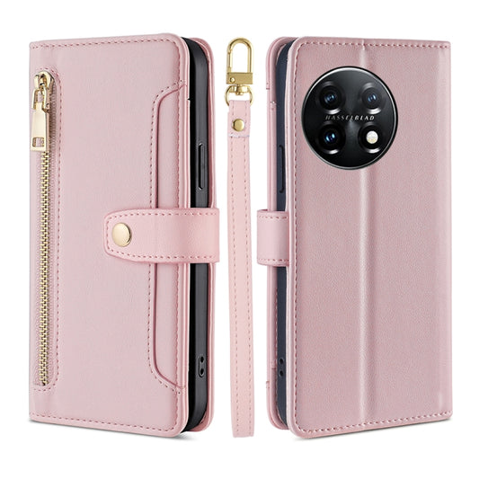 For OnePlus 11 Sheep Texture Cross-body Zipper Wallet Leather Phone Case(Pink) - OnePlus Cases by buy2fix | Online Shopping UK | buy2fix