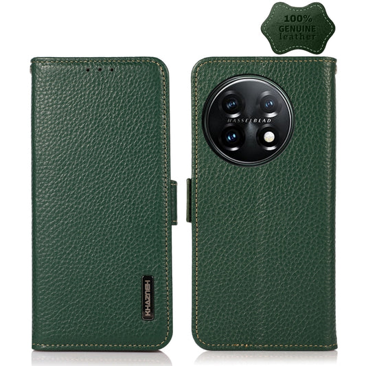 For OnePlus 11 KHAZNEH Side-Magnetic Litchi Genuine Leather RFID Phone Case(Green) - OnePlus Cases by buy2fix | Online Shopping UK | buy2fix