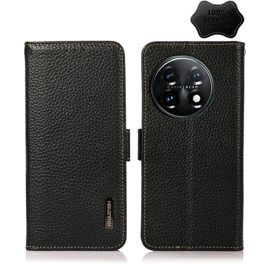 For OnePlus 11 KHAZNEH Side-Magnetic Litchi Genuine Leather RFID Phone Case(Black) - OnePlus Cases by buy2fix | Online Shopping UK | buy2fix