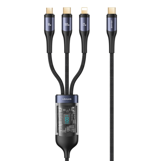 USAMS US-SJ600 U83 PD100W 3 in 1 Aluminum Alloy Transparent Digital Display Fast Charging Cable,Cable Length: 1.2m(Black) - Multifunction Cable by USAMS | Online Shopping UK | buy2fix