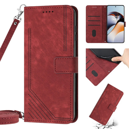 For OnePlus 11 Skin Feel Stripe Pattern Leather Phone Case with Lanyard(Red) - OnePlus Cases by buy2fix | Online Shopping UK | buy2fix