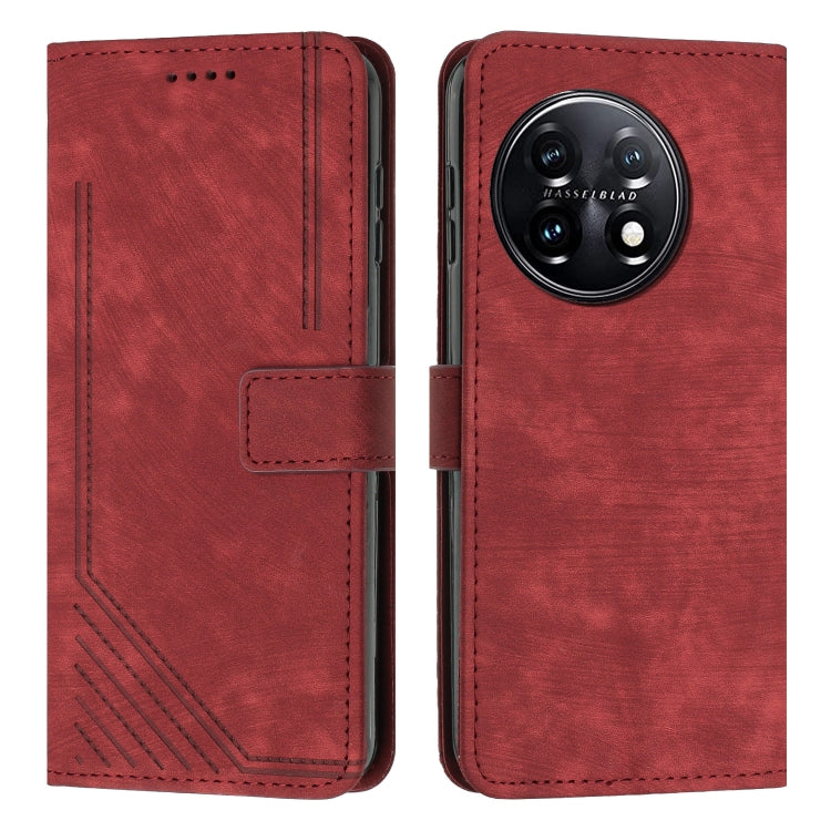 For OnePlus 11 Skin Feel Stripe Pattern Leather Phone Case with Lanyard(Red) - OnePlus Cases by buy2fix | Online Shopping UK | buy2fix