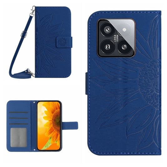 For Xiaomi 14 Pro Skin Feel Sun Flower Embossed Flip Leather Phone Case with Lanyard(Dark Blue) - 14 Pro Cases by buy2fix | Online Shopping UK | buy2fix