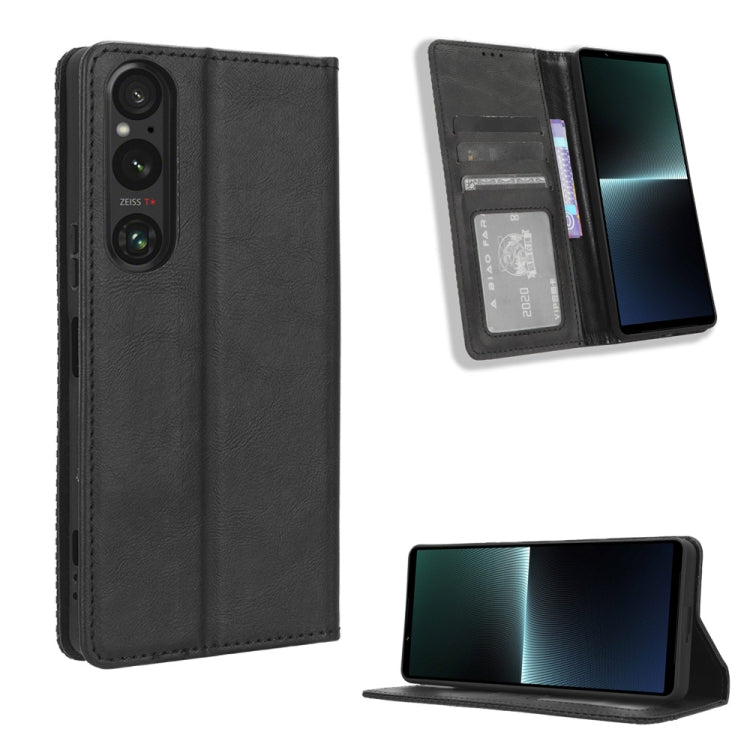 For Sony Xperia 1 V Magnetic Buckle Retro Texture Leather Phone Case(Black) - Sony Cases by buy2fix | Online Shopping UK | buy2fix