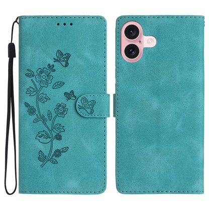 For iPhone 16 Plus Flower Butterfly Embossing Pattern Leather Phone Case(Sky Blue) - iPhone 16 Plus Cases by buy2fix | Online Shopping UK | buy2fix