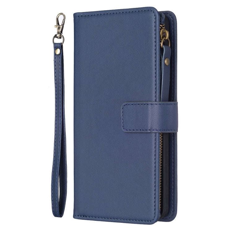 For iPhone 16 9 Card Slots Zipper Wallet Leather Flip Phone Case(Blue) - iPhone 16 Cases by buy2fix | Online Shopping UK | buy2fix