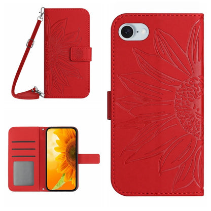 For iPhone SE 2024 Skin Feel Sun Flower Embossed Flip Leather Phone Case with Lanyard(Red) - More iPhone Cases by buy2fix | Online Shopping UK | buy2fix