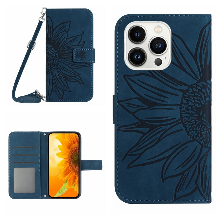 For iPhone 16 Pro Max Skin Feel Sun Flower Embossed Flip Leather Phone Case with Lanyard(Inky Blue) - iPhone 16 Pro Max Cases by buy2fix | Online Shopping UK | buy2fix