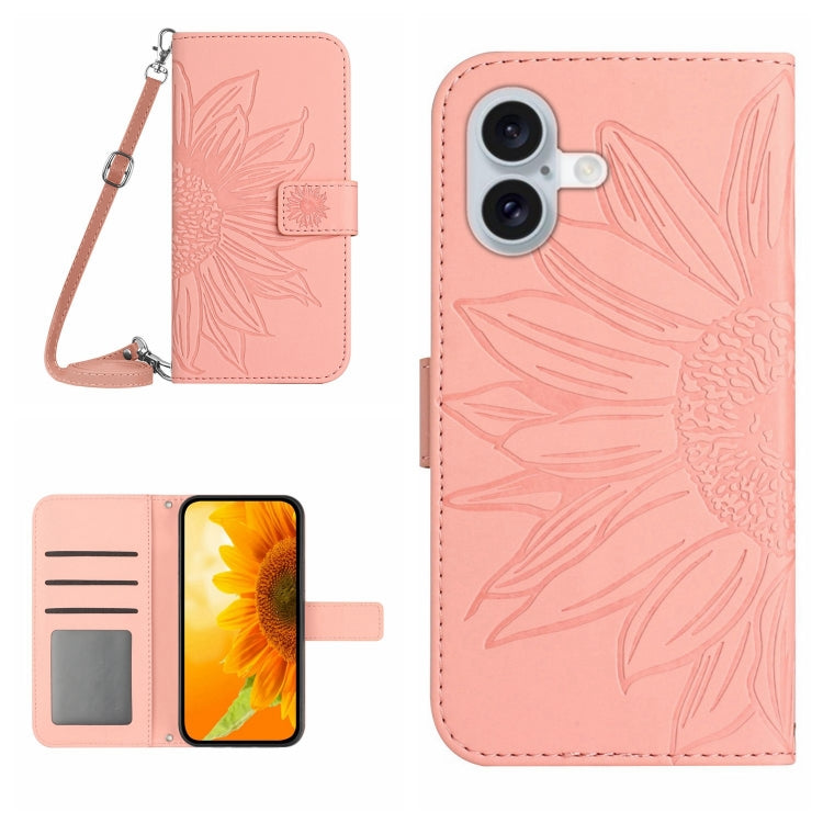 For iPhone 16 Plus Skin Feel Sun Flower Embossed Flip Leather Phone Case with Lanyard(Pink) - iPhone 16 Plus Cases by buy2fix | Online Shopping UK | buy2fix