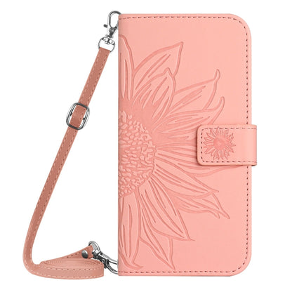 For iPhone 16 Plus Skin Feel Sun Flower Embossed Flip Leather Phone Case with Lanyard(Pink) - iPhone 16 Plus Cases by buy2fix | Online Shopping UK | buy2fix