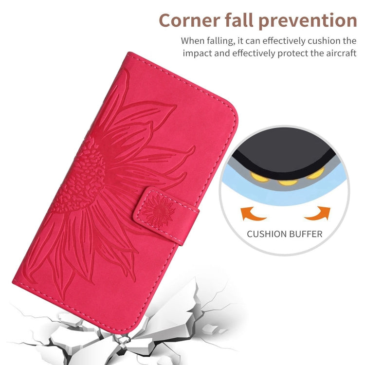 For iPhone 16 Plus Skin Feel Sun Flower Embossed Flip Leather Phone Case with Lanyard(Rose Red) - iPhone 16 Plus Cases by buy2fix | Online Shopping UK | buy2fix