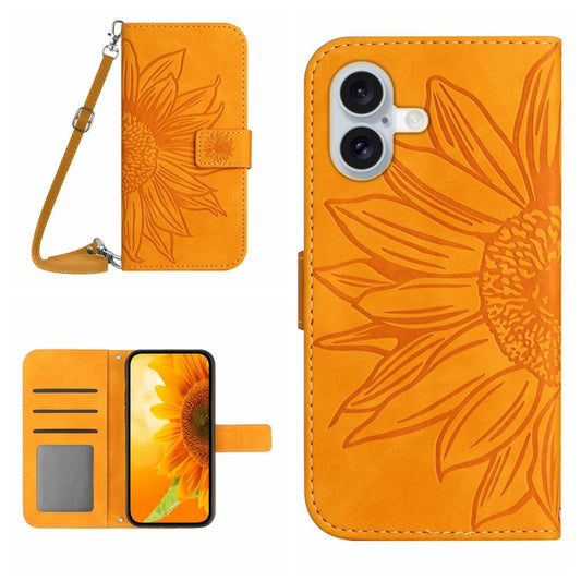 For iPhone 16 Skin Feel Sun Flower Embossed Flip Leather Phone Case with Lanyard(Yellow) - iPhone 16 Cases by buy2fix | Online Shopping UK | buy2fix