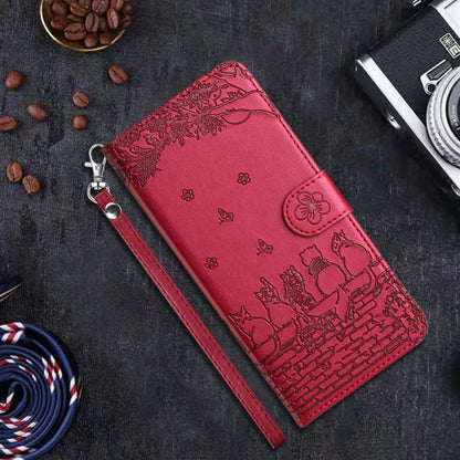 For iPhone 16 Cat Embossing Pattern Leather Phone Case with Lanyard(Red) - iPhone 16 Cases by buy2fix | Online Shopping UK | buy2fix