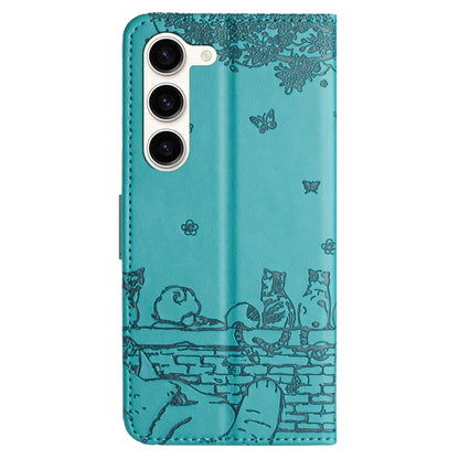 For Samsung Galaxy S23+ Cat Embossing Pattern Leather Phone Case with Lanyard(Blue) - Galaxy S23+ 5G Cases by buy2fix | Online Shopping UK | buy2fix