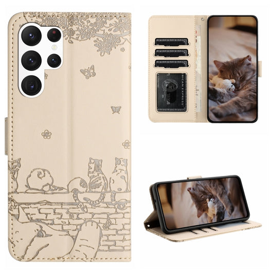 For Samsung Galaxy S23 Ultra Cat Embossing Pattern Leather Phone Case with Lanyard(Beige) - Galaxy S23 Ultra 5G Cases by buy2fix | Online Shopping UK | buy2fix