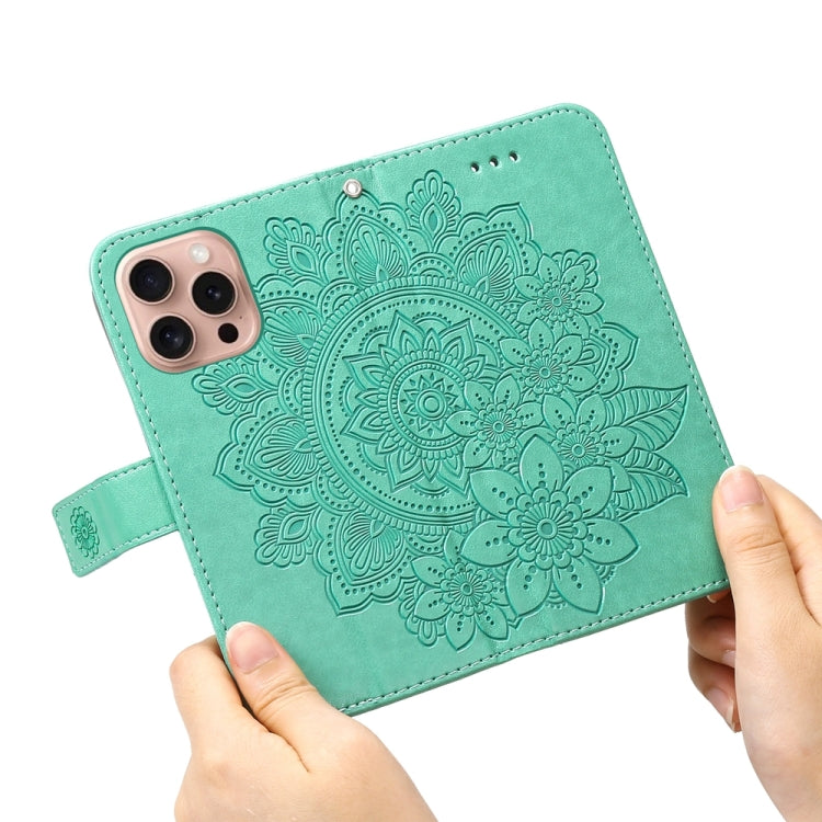 For iPhone 16 Pro 7-petal Flowers Embossing Leather Phone Case(Green) - iPhone 16 Pro Cases by buy2fix | Online Shopping UK | buy2fix