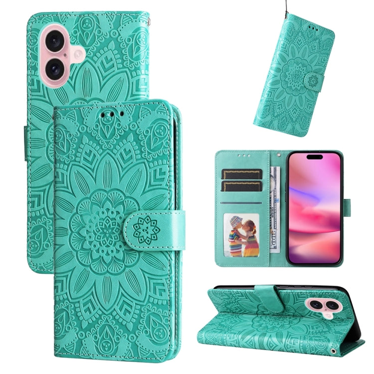 For iPhone 16 Embossed Sunflower Leather Phone Case(Green) - iPhone 16 Cases by buy2fix | Online Shopping UK | buy2fix